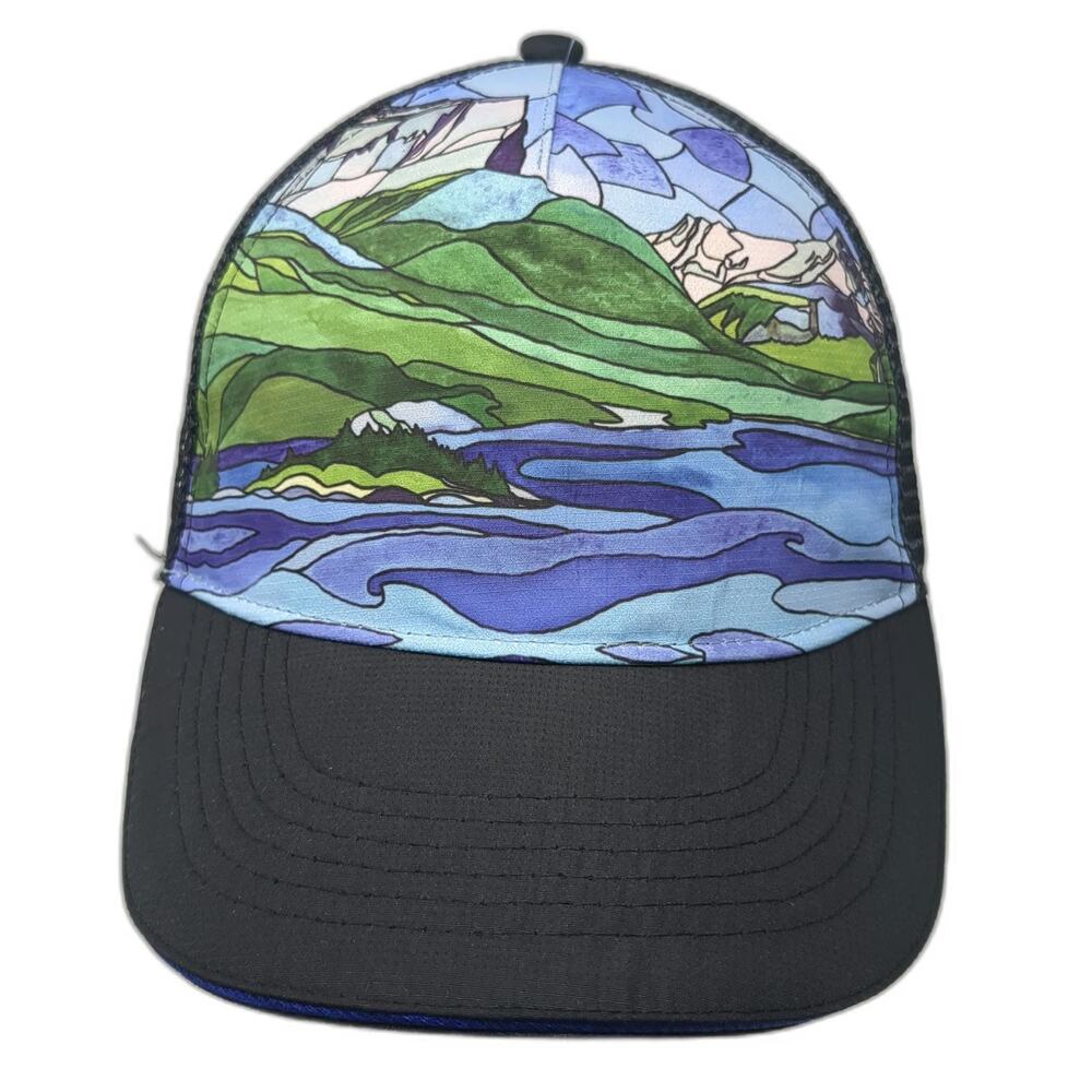 Headsweats Trucker Hat Black One Size Glacier National Park Stained Glass Mesh